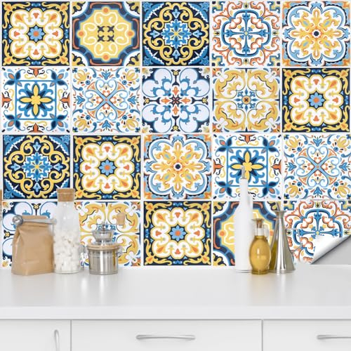 QUCUMER 20 Hojas Vinilos Azulejos 15x15cm Pegatinas Autoadhesivo Impermeable para Cocina Baño Pared Mueble