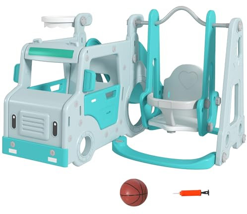 AIYAPLAY Set 6 in 1 con Scivolo, Altalena, Canestro e Macchinina per Bambini con Volante, Regalo da 18-48 Mesi, Azzurro
