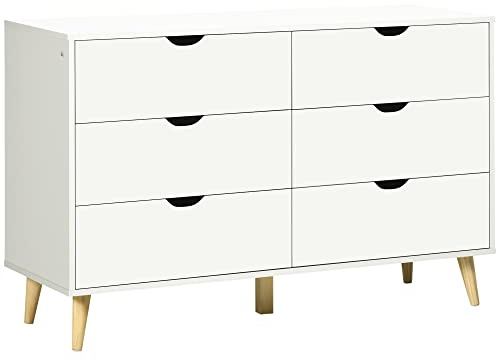HOMCOM Cómoda con 6 Cajones Cajonera de Armario Mueble Organizador con Cajones para Cocina Dormitorio Salón Estudio Estilo Moderno Antivuelco 120x40x76 cm Blanco