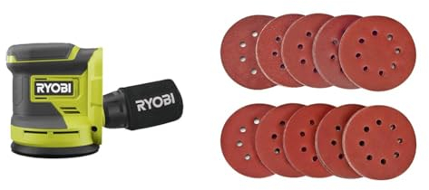 RYOBI - Ponceuse excentrique 18 Volts ONE - 125 mm - 3 abrasifs - RROS18-0 & Disque de Ponçage 100pcs SPTA Disques Abrasifs 40/80/120/180/320/600/800/1000/1500/2000 Grain