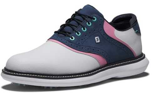 FootJoy Men's Traditions Previous Season Style Golf Shoe, White/Blue/Pink, 9.5