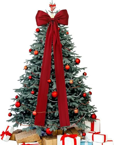 ZXCVWWE Fiocco Extra Large per Albero di Natale, 40,6 x 157 cm, Rosso Satin Con Lunghe Stelle Filanti, Grande Nastro per Ghirlanda, Decorazione Casa