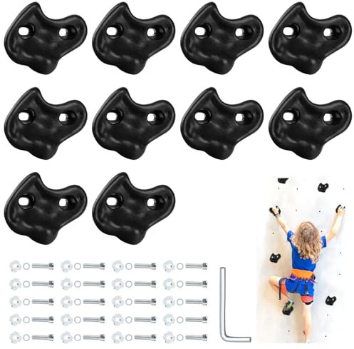 10PCS Black Rock Climbing Holds, Rock Climbing Wall for Kids, Extra Large Size Climbing Rock Wall Grips with Mounting Hardware and Wrench for Indoor Outdoor Playground, Installed on Wooden Board