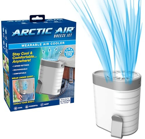 Arctic Air Breeze Jet Wearable Air Cooler, 3-Speed Portable Rechargeable Fan, Long-lasting, Lightweight Clip-On Neck & Waist Fan for Travel, Outdoors, Camping, or Indoor Use
