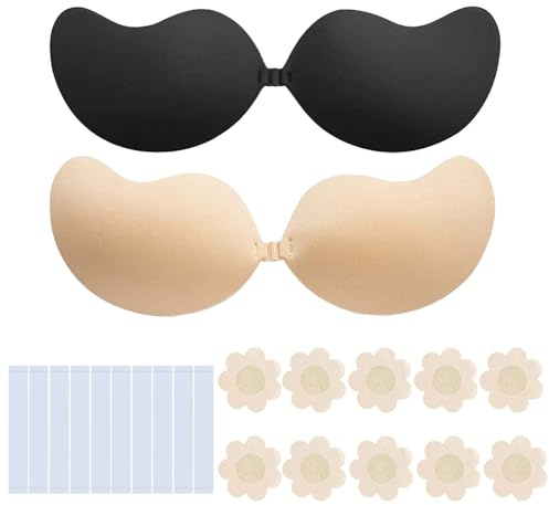 MUNSKT Soutien-Gorge Adhésif Push Up Ensemble, sans Bretelles, avec Adhésives Double Face et Cache-Tétons (FR/ES, Taille de Bonnet & Taille du Soutien-Gorge, C, Standard, Noir & Couleur)
