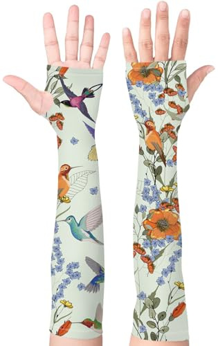 Bebila Gardening Sleeves for Women Farm UV Sun Protection Anti-Scratch Cooling Sleeves with Thumb Hole Arms Cover Outdoors (Light Green Bird)