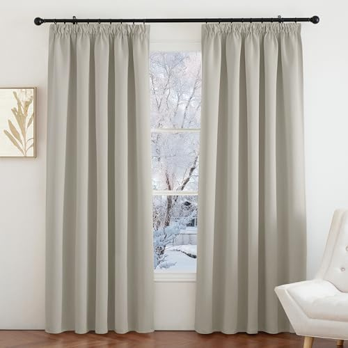 PONY DANCE Blackout Pencil Pleat Curtains, Natural, W80 x L84, 2 Panels | Thermal Insulated Curtains with Noise Reducing & Privacy, Luxury Soft Window Treatment for Bedroom & Living Room