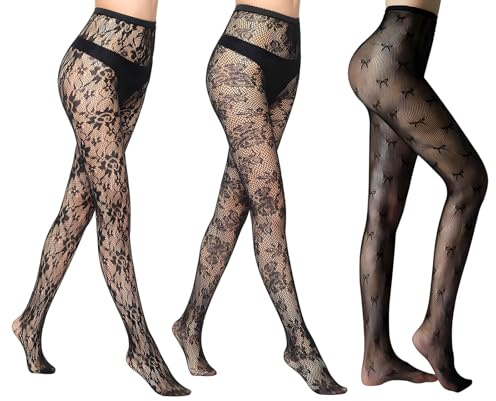 ZNDFTW 3 Pairs Women's Patterned Fishnet Tights, Lace Floral Pantyhose High Waist Fishnet Stockings Black Patterned Tights for Women Lady(Black Pattern Style)