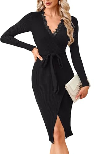 Newshows Jumper Dress for Women UK Ladies Lace V Neck Bodycon Knitted Long Sleeve Sweater Winter Dresses Black,XL