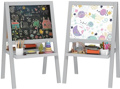 AIYAPLAY Chevalet enfant double face avec tableau blanc et tableau noir, étagères de rangement intégrées, chevalet peinture enfant pour 18 à 48 mois, gris