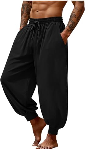 Ewleguzka Pantalon de jogging en coton et lin pour homme | Taille élastique avec cordon de serrage et cheville fuselée | Pantalon décontracté léger pour yoga, salon, voyage et plage avec poches, Noir
