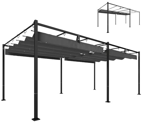 Outsunny Pérgola de Jardín 6x3 m con Techo Retráctil, Cenador de Jardín con Protección UPF50+, Drenaje, Estructura Metálica, Pabellón para Patio, Terraza, Exterior, Gris Oscuro
