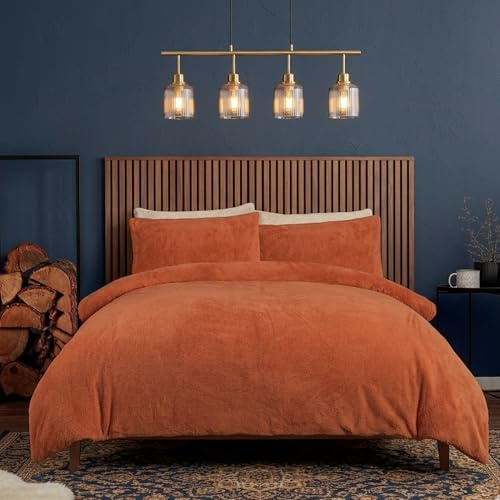 BURAKH Single Teddy Fleece Duvet Cover Set with Pillowcase – Ultra Soft Warm Cosy Winter Bedding Set – Rust Orange Fluffy Quilt Cover for Single Bed – 135 x 200 cm (Rust Orange)