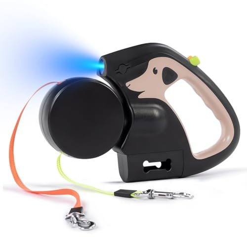 CEWROM Correa doble para 2 perros, 3 m, correa extensible antienredos con rotación de 360°, linterna integrada y soporte para bolsas de excrementos, botón de freno rápido para perros pequeños y