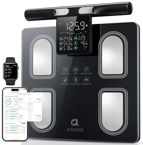 arboleaf Báscula Inteligente Bioimpedancia con 8 Electrodos, Monitor Preciso de IMC, Bascula Grasa Corporal y Masa Muscular con 50 Métricas y Pantalla en el Mango