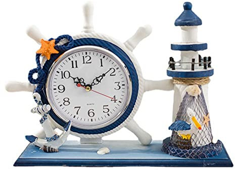 Nautical Steering Wheel Desk Clock - Mediterranean Style Wooden Boat Anchor Lighthouse Mantle Beach Decor for Kid's Bedroom Living Room Bedside Home Decoration in Sea Ocean Theme Silent Time Clocks