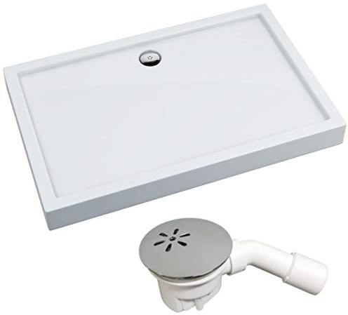 VBChome Duschwanne Duschtasse 80 x 140 x 14 cm Rechteckig für Duschkabine Styroporträger flach Sanitär-Acryl Duschbecken stabil glatt weiß Dusche+ Ablaufgarnitur