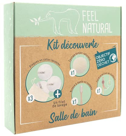 Feel Natural - Bathroom Discovery Kit - Gift Set: 1 Konjac Sponge, 1 Earpick and 1 Bamboo Toothbrush, 3 Washable Make-Up Remover Pads and 1 Washing Net