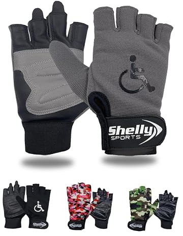 Shelly Wheelchair Gloves with Real Leather Palm, Padded, Breathable, Anti-Slip Grip, Lightweight Cycling Gloves (Grey, Large)