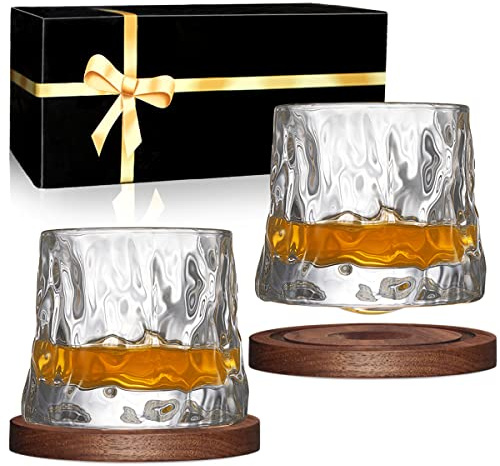 BOLESTA Whiskey Glasses Set of 2, Rotatable Tumbler Crystal Glass Cups, Drinking Glasses with 2Pcs Creative Walnut Coasters and Gift Box - for Scotch,Bourbon,Cocktails