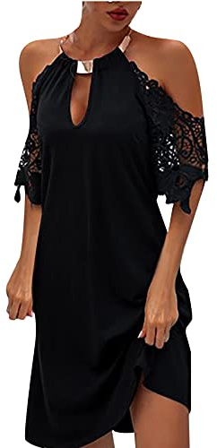 Ni_ka Robe Sexy Grande Taille Robes Courte à Manches Courtes Et éPaules DéNudéEs Chic Dress Femmes éTé Noir Rouge Taille S à 5XL, XXL, (Ni_kadress44593)