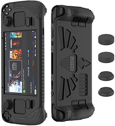 SUIHUOJI Steam Deck/Steam Deck OLED Standing Protective Case, Thickening Silicone Accessories Protector, Soft Cover Skin Shell with 2 Pairs Thumb Grips, Full Protection for Valve Stream Deck (Black)