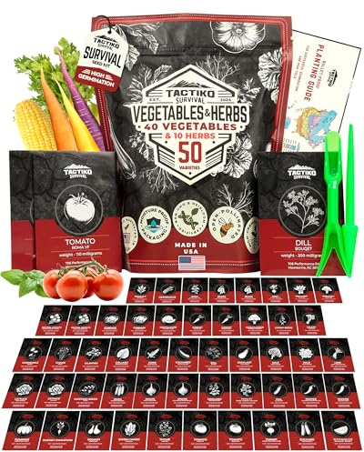 50 Tactiko Survival Kit de semillas de verduras, hierbas y frutas – Variedades cosechadas en Estados Unidos – Más de 25.000 semillas reliquia sin OMG – Bóveda de semillas de emergencia en bolsa de