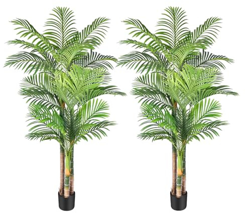 1,8 m lång trippel gyllene käpps palm konstgjort träd stort tropiskt palmträd UV-resistent falsk växt i kruka för inomhus utomhus stort hus vardagsrum utomhus uteplats kontor heminredning (set med 2)