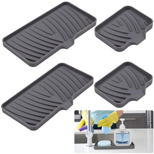 NINGYER 4 Pezzi Tappetino Scolapiatti Silicone, Grigio Tappetino Scolapiatti Con Scarico, Applicabile per Piani Bagno e Cucina (9 x 12 cm/13 x 25 cm)