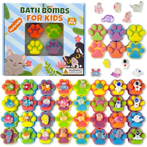 32PCS Bath Bomb for Kids, Paw Bath Bombs with Surprise Sea Animal & Space Astronauts Toy Inside, Organic Natural Bubble Bath Bombs with Gift Tin Box, Best Birthday, Easter, Party Gift for Boys Girls