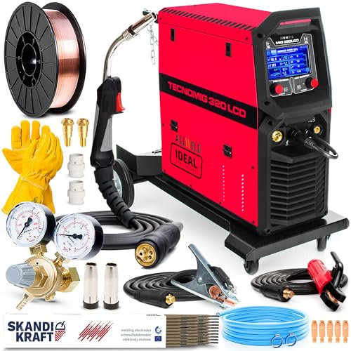 Ideal Tecno MIG 320 LCD - Soldador Inverter Profesional 320A 400V - Máquina de Soldar Inverter con Sinergia Total - MIG/MAG, MMA, TIG DC - Regulación de Inductividad - 4 Rodillos - Set Basic