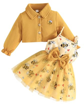 Yanmucy Klänning och kappa set barn flickor 2 st bi tryck tutu klänningar långärmad kofta flicka klänningar klänningar, Bi, 6-9 M�nader
