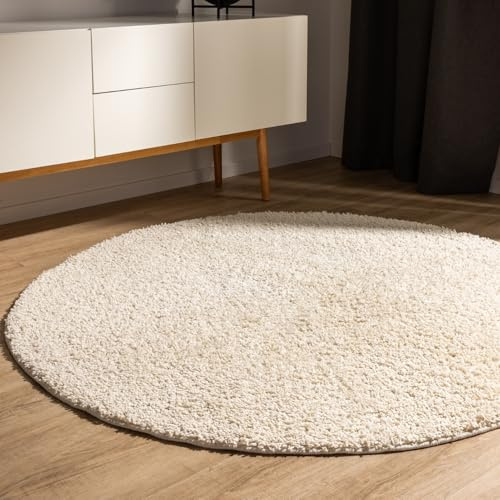 benuta Basic Hochflorteppich Teppich Wohnzimmer Sohari - Creme 120 cm Rund - Minimalistischer Look - Weich & Waschbar - Für Schlafzimmer, Flur oder Esszimmer - Geeignet für Fußbodenheizung