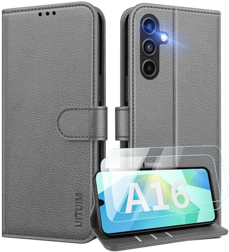 UITUIM Cover per Samsung Galaxy A16 5G/4G Cover Custodia con 2 Vetro Temperato Pellicola a Libro Portafoglio in Pelle Cover Porta Carte Flip Case Protettiva Custodia per Samsung A16 5G/4G,Grigio