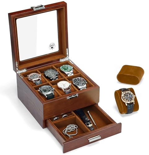 Slege Uhrenbox aus Holz mit 6 Schlitzen,2 Ebenen,Uhrenetui Herren,Handgefertigt Uhrenkasten mit Glasdeckel,Uhrenaufbewahrung für Uhren,Uhrengehäuse-Organizer,Uhrenbox-Organizer für Damen und Herren