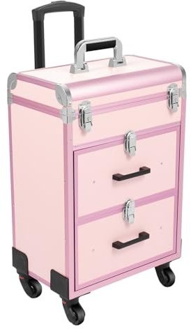 Czyurachel Maletín de cosméticos para peluquería, 3 pisos, rígido, estuche de peluquería, maletín móvil, carrito de cosméticos con 4 ruedas, color rosa