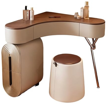 Zynqra Sminkbord, nattduksbord, hörnbyrå med pall, lådor, böjd design, trä- och metallkonstruktion, vintagestil, lämplig för sovrum och omklädningsrum. (80)