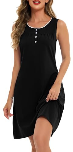 Vlazom Women Cotton Nighties Sleeveless Lace Trim U-Neck Nightdress | Sleeveless Nightshirt Buttons Down Nightgown Ladies Lounge Dress with Pockets S-XXL