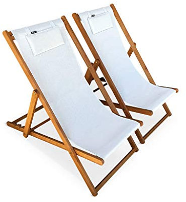 Alice's Garden - 2er Set Liegestühle aus geöltem-Eukalyptus mit weißen Kopfstützenkissen - Creus