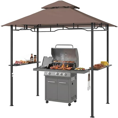 Outsunny Grillpavillon Gartenzelt Grill Pavillon Balkonpavillon mit Ablagen Flammhemmendes Doppeldach Kaffeebraun 245 x 148 x 252 cm