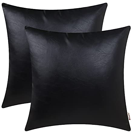BRAWARM Kunstleder-Kissenbezüge 40,6 x 40,6 cm, Schwarze Leder-Kissenbezüge für Couch, Bett, Sofa, Garten, Zuhause, dekorativ, 2 Stück