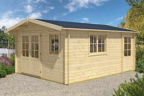 Alpholz Gartenhaus Jennifer 380 x 550 cm aus naturbelassenem Holz mit 28 mm Wandstärke und 2-Raum Aufteilung
