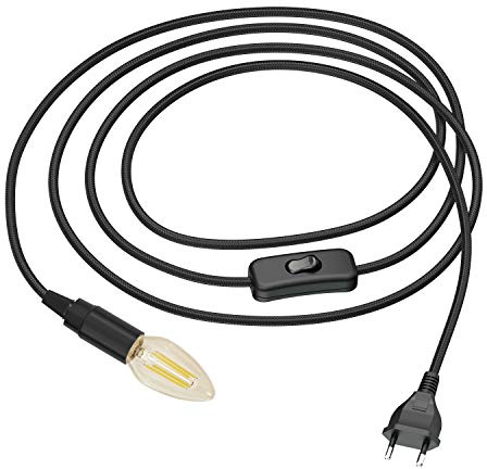 ledscom.de Textilkabel LEHA med stickpropp och strömbrytare svart 3 m inkl. E14 LED-lampa 4,1W 458lm, extra varm vit