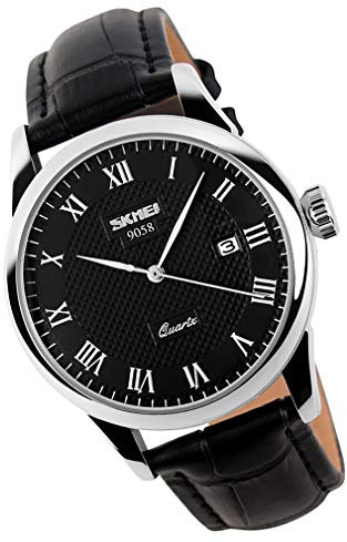 SKMEI Armbanduhr für Herren, Business-Kleid, klassisch, modisch, leger, schwarzes Leder, Quarz, analog, Vater, Geschenke Schwarzes Armband + silberfarbenes Gehäuse + schwarzes Zifferblatt