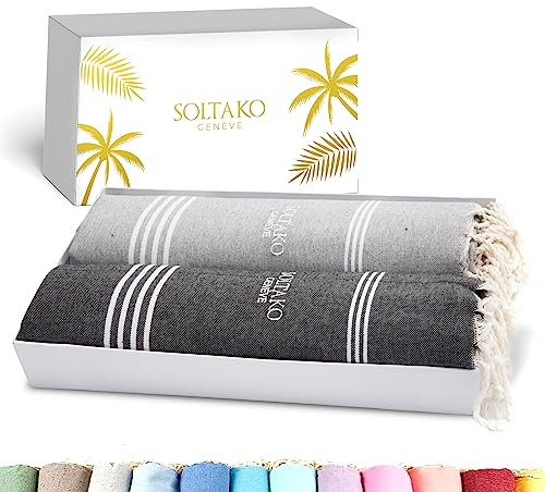 SOLTAKO Juego de 2 Toallas Turca Grande Peshtemal Fouta Beach Bath Gym SPA Yoga Hammam Toalla Piscina Picnic 100% Algodón Toalla Playa Ligera Arena Anti 100x200 cm Regalo del Dia de la Madre