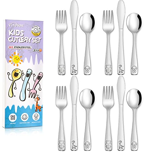 VITEVER 12-Piece Toddler Utensils, Stainless Steel Kids Silverware Set, Children Safe Forks, Spoons and Knives - Mirror Polished, Dishwasher Safe
