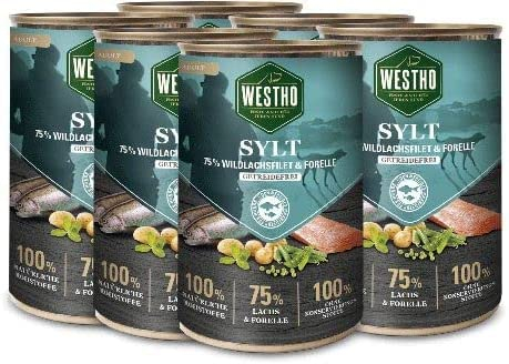 WESTHO Nassfutter Sylt Adult Senior (6 x 400 g) | 75% Wildlachs & Forelle | Getreidefrei | Zum Konditionsaufbau | Zur Haut und Fellpflege | Premium Hundenassfutter