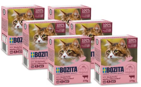 Bozita Tetra Nassfutter mit Rinderhack in Gelee – 6x370g getreidefreies, zuckerfreies Katzenfutter – ohne Gentechnik, mit 7,5% Protein, 5% Fett – vollwertig & ausgewogen für Feinschmecker