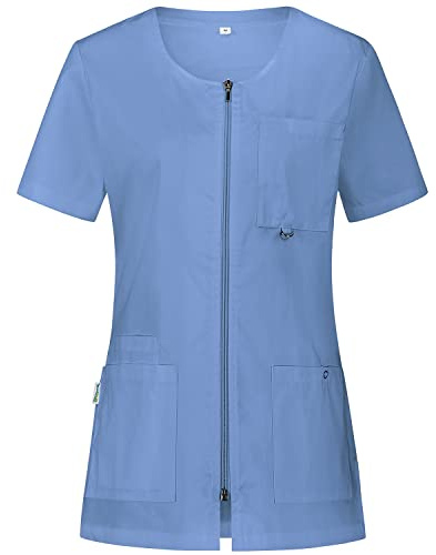 B-well Stella Camice Medico Donna Casacca Infermiere con Cerniera Camice da Lavoro Donna con Cerniera Manica Corta Scollo V, 4 Tasche, Azzurro, M
