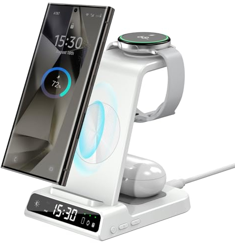 Caricatore Wireless per Samsung Galaxy S25 Ultra, Wireless Charger per Samsung Orologio Digitale per Samsung Galaxy Watch 8/7/Ultra/6, Caricabatterie a Induzione per Galaxy S24, Z Fold 7,Active 2,Buds